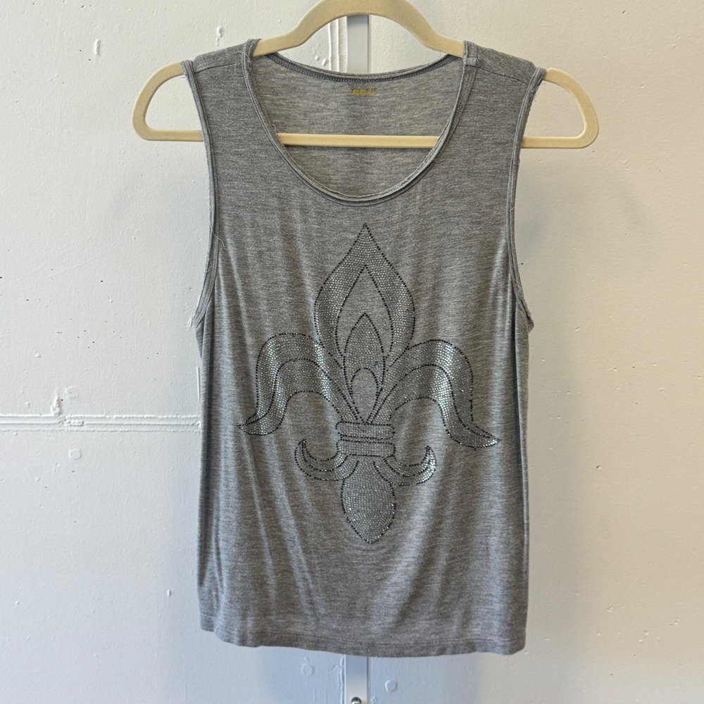 Y2K Vocal Gray Fleur-de-Lis Rhinestone Tank Top Small Made in USA 18017T Western